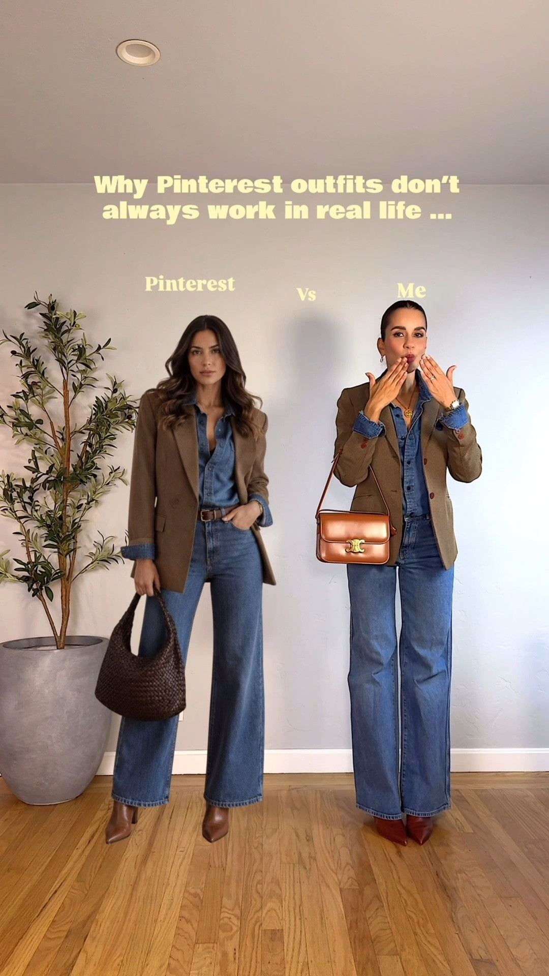 Pinterest gives the inspiration—but the best outfits are the ones you make your own. 🤎

I kept the same denim-on-denim base and tailored blazer, then changed the accessories to make it feel more polished, wearable, and more me. Sometimes the smallest swaps completely change the look.

Which version would you wear: Pinterest or mine? Similar pieces are linked so you can recreate the outfit. ✨

Pinterest outfit inspiration, Pinterest vs real life, denim on denim outfit, brown blazer outfit, wide leg jeans outfit, double denim style, fall outfit inspiration, timeless outfit formula, elevated casual style, women over 40 fashion, chic everyday outfit, classic wardrobe staples, capsule wardrobe, effortless style, brown accessories, blazer and jeans outfit, quiet luxury style, LTK outfit inspiration, Real Life Chic.

#LTKgrwm #LTKOver40 #LTKootd
