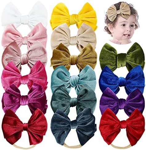 Cinaci 16 Pack Super Stretchy Thin Slim Nylon Headbands with Big Velvet Solid Knot Bow Hair Bands Ac | Amazon (US)