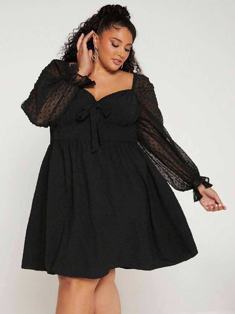 SHEIN FIT+ Plus Swiss Dot Sweetheart Neck Lantern Sleeve Knot Front Dress | SHEIN
