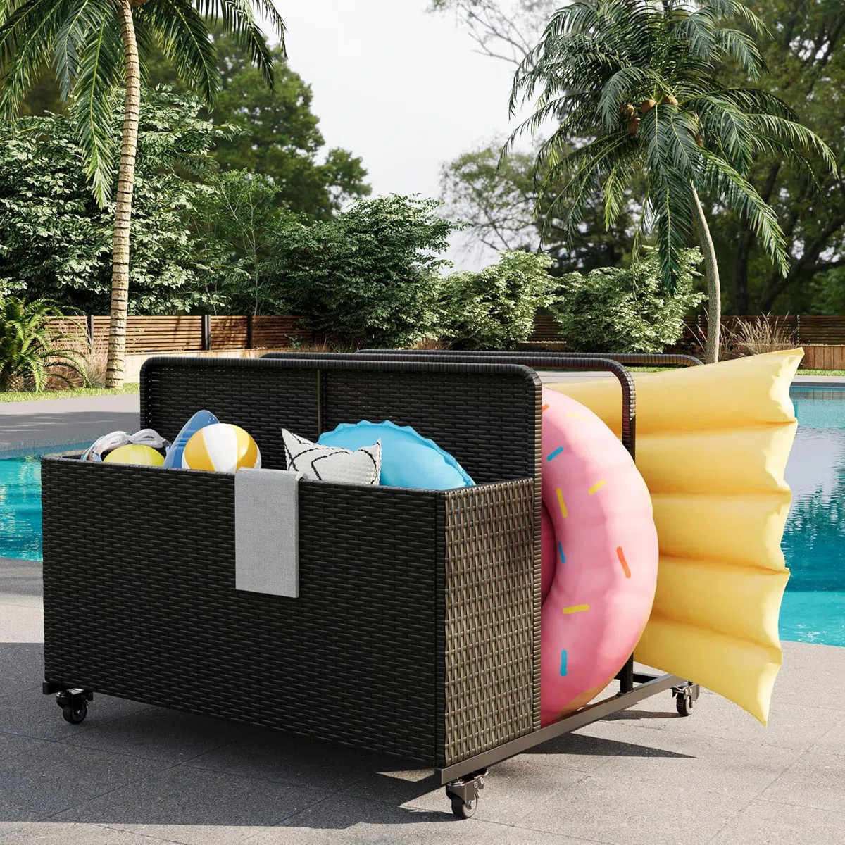Outdoor Pool Float Storage Organizer with Wheels, PE Rattan Poolside Caddy with 3-Section Basket ... | Wayfair North America