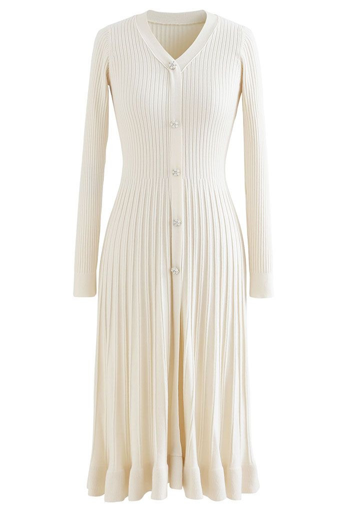 Button Front Ribbed Knit A-line Midi Dress in Cream | Chicwish