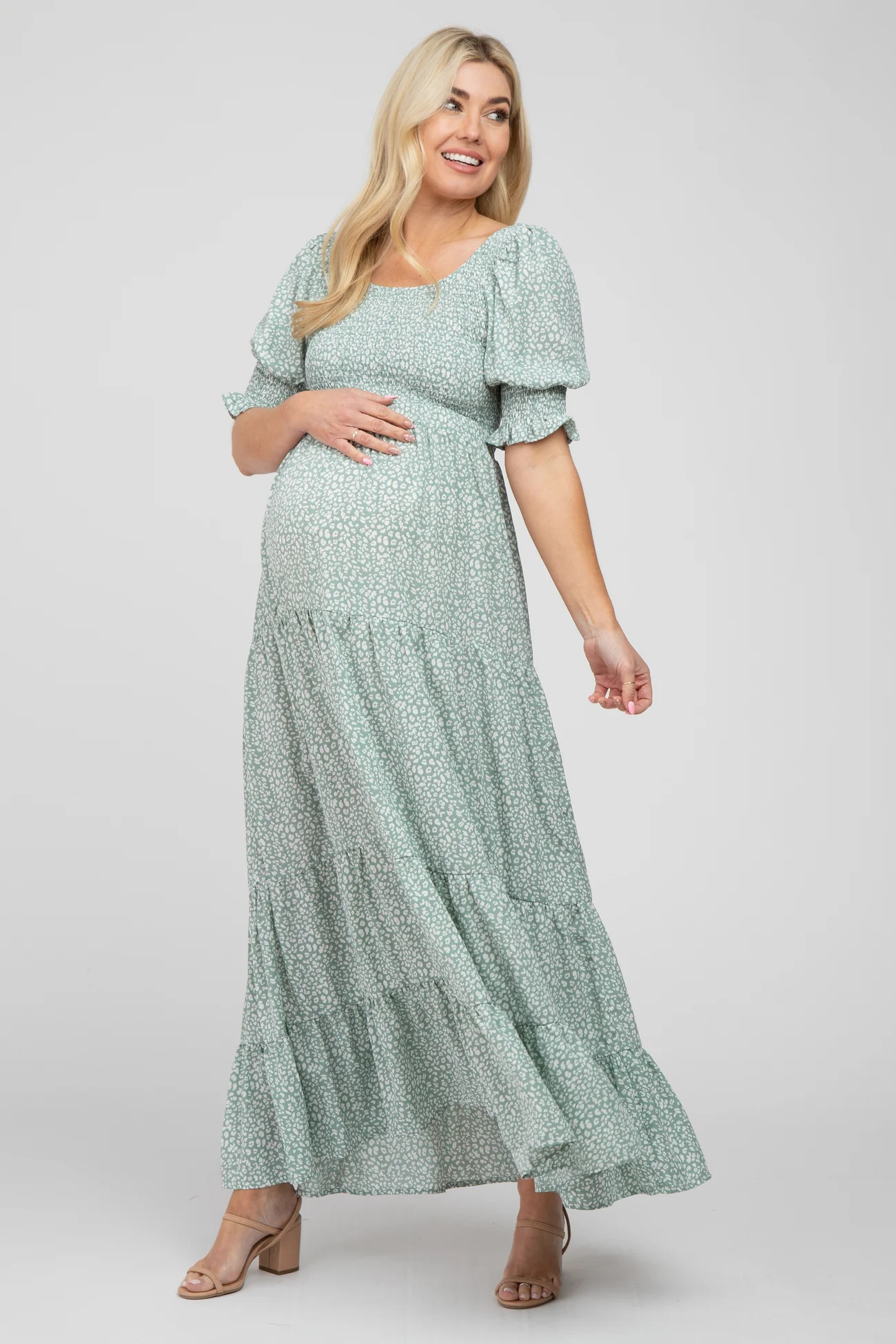 Mint Animal Print Smocked Tiered Maternity Maxi Dress | PinkBlush Maternity