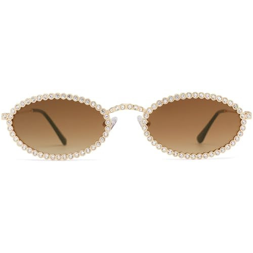 SOJOS Retro Petite Oval Rhinestone Sunglasses for Women 90s Styles Bling Hippie Disco Trendy Sun Glasses Small Face SJ1205 | Amazon (US)