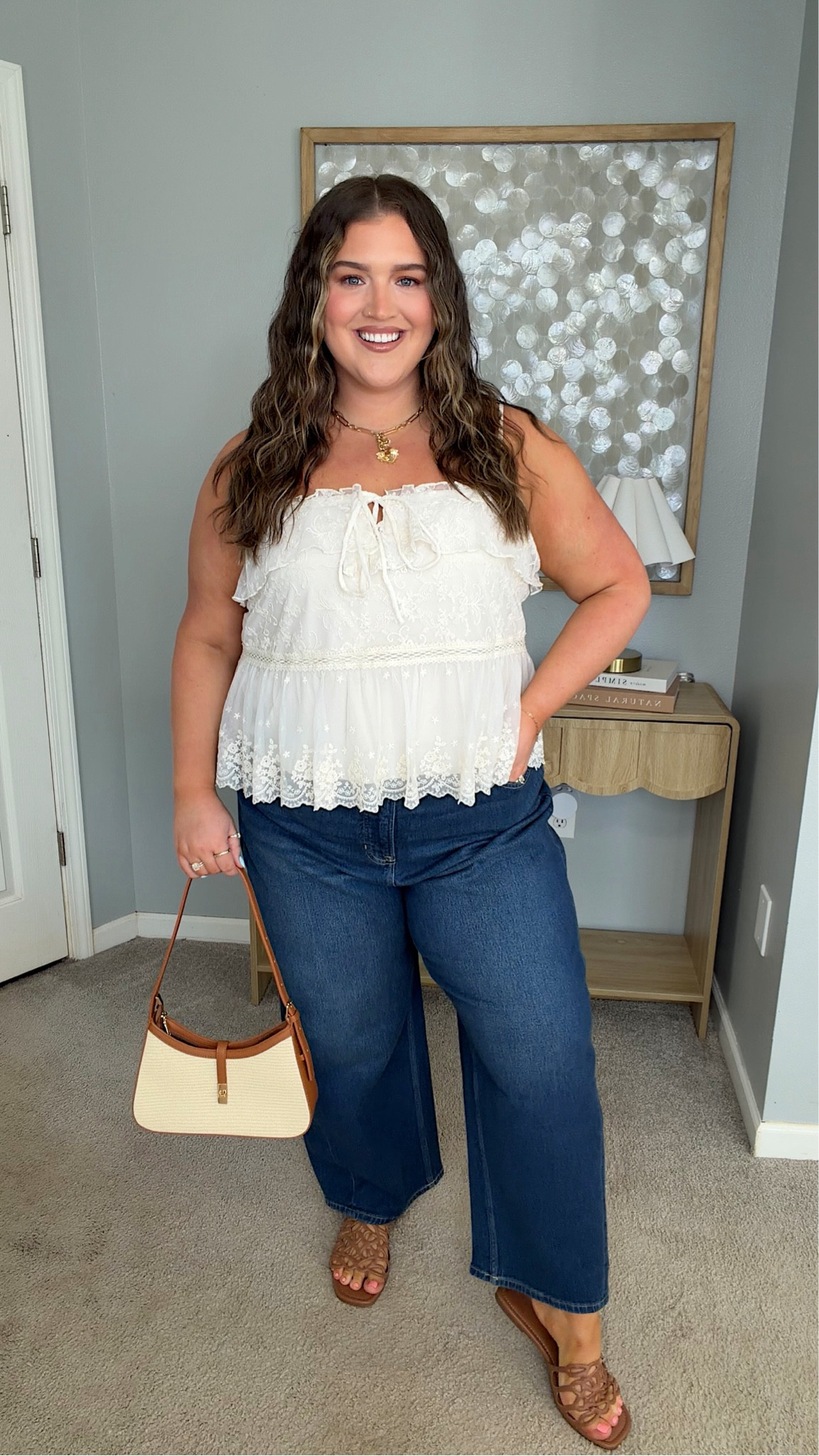My current favorite outfit for Spring 🤍✨🙌🏼 Love this lacey blouse top paired with dark wash denim + designer inspired sandals. Chic casual everyday look 
Size XXL top, 2X in jeans 

#LTKPlusSize #LTKSaleAlert #LTKootd