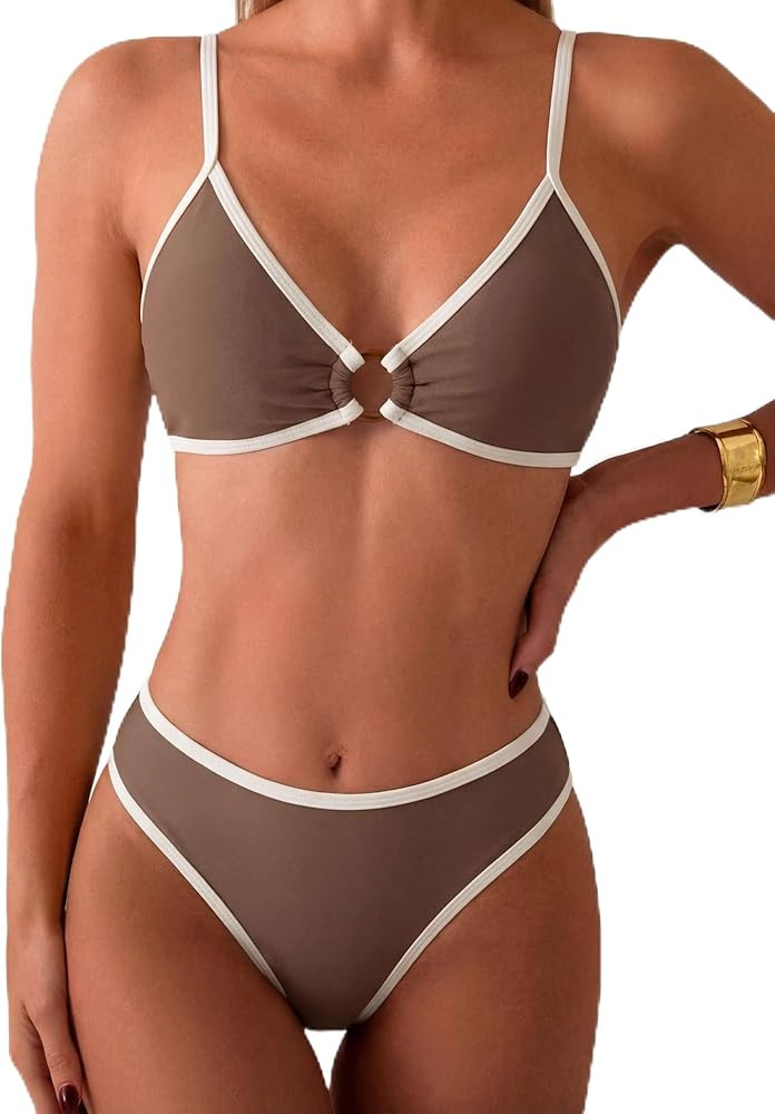 Fanuerg Women's Triangle Bikini Sets Circle Ring Linked Two Piece Swimsuit Color Block Cheeky Bat... | Amazon (US)
