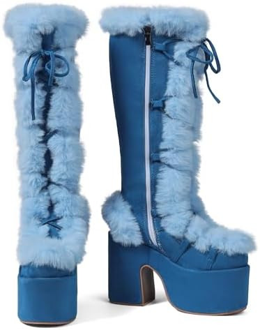 CELNEPHO Knee High Boots For Womens Side Zipper Warm Faux Fur Platform Chunky Heel Punk Goth Walk... | Amazon (US)