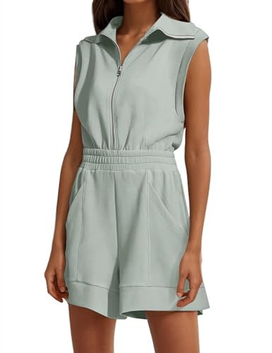 MISSACTIVER Sleeveless Half Zip Romper For Women Summer V Neck Jumpsuit Shorts With Pockets Loose Casual Loungewear | Amazon (US)