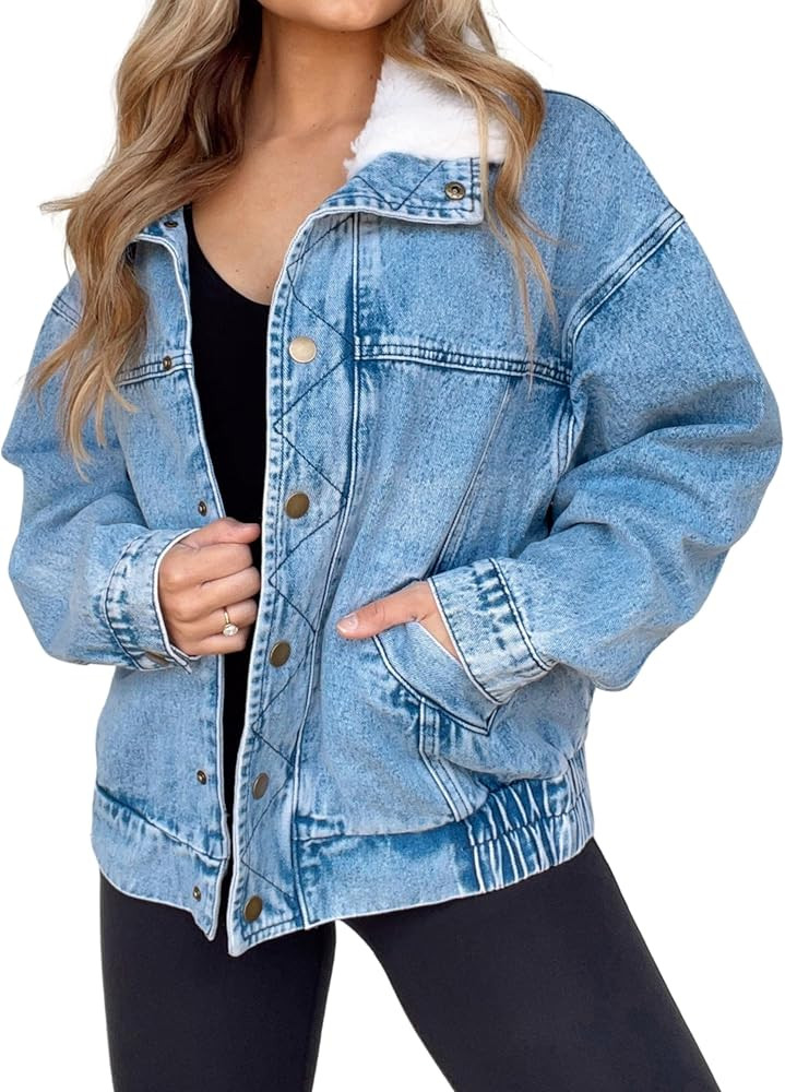 Kedera Womens Sherpa Collar Oversized Denim Jacket Boyfriend Jean Coat Jeans Trucker Bomber Jacke... | Amazon (US)