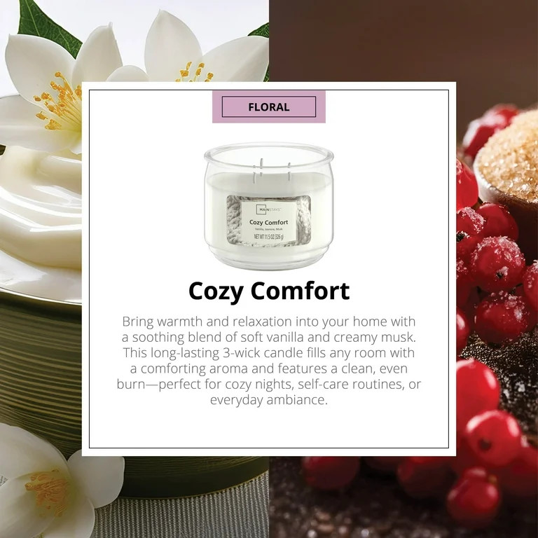 Mainstays 3-Wick Scented Glass Jar Candle, Cozy Comfort, 11.5oz. - Walmart.com | Walmart (US)