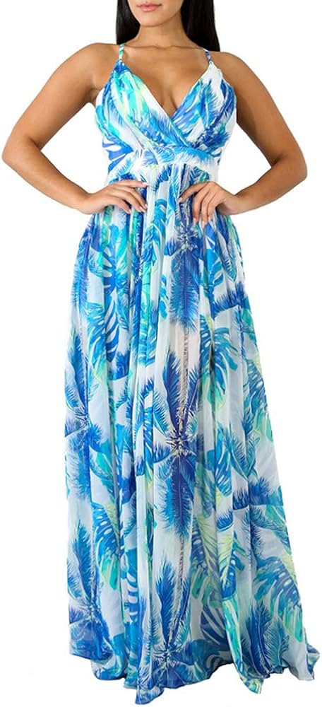 Remelon Womens Sexy Spaghetti Strap Deep V Neck Floral Boho Criss Cross Backless Chiffon Beach Pa... | Amazon (US)