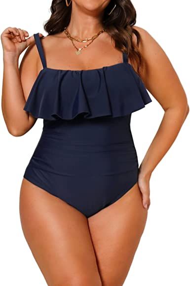 CUPSHE Women Swimsuit Plus Size One Piece Bathing Suit Flowy Ruffle Trim Ruched Front Tummy Contr... | Amazon (US)