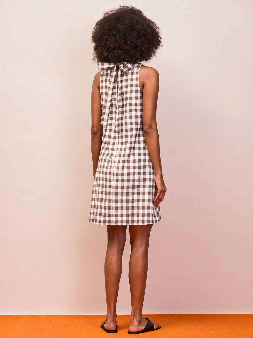 Brown Gingham Linen Blend Cowl Neck Dress | Ro&Zo