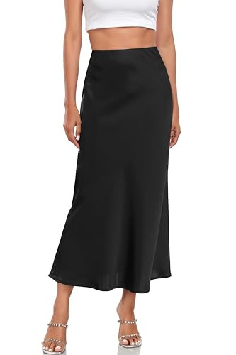 Women's Silk Satin Maxi Skirt High Waist Elastic A Line Fishtail Elegant Work Elastic Long Skirts Black | Amazon (US)