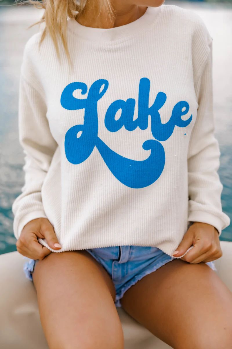 Lake Script Graphic Pullover Corded Sweatshirt Ivory | The Pink Lily Boutique