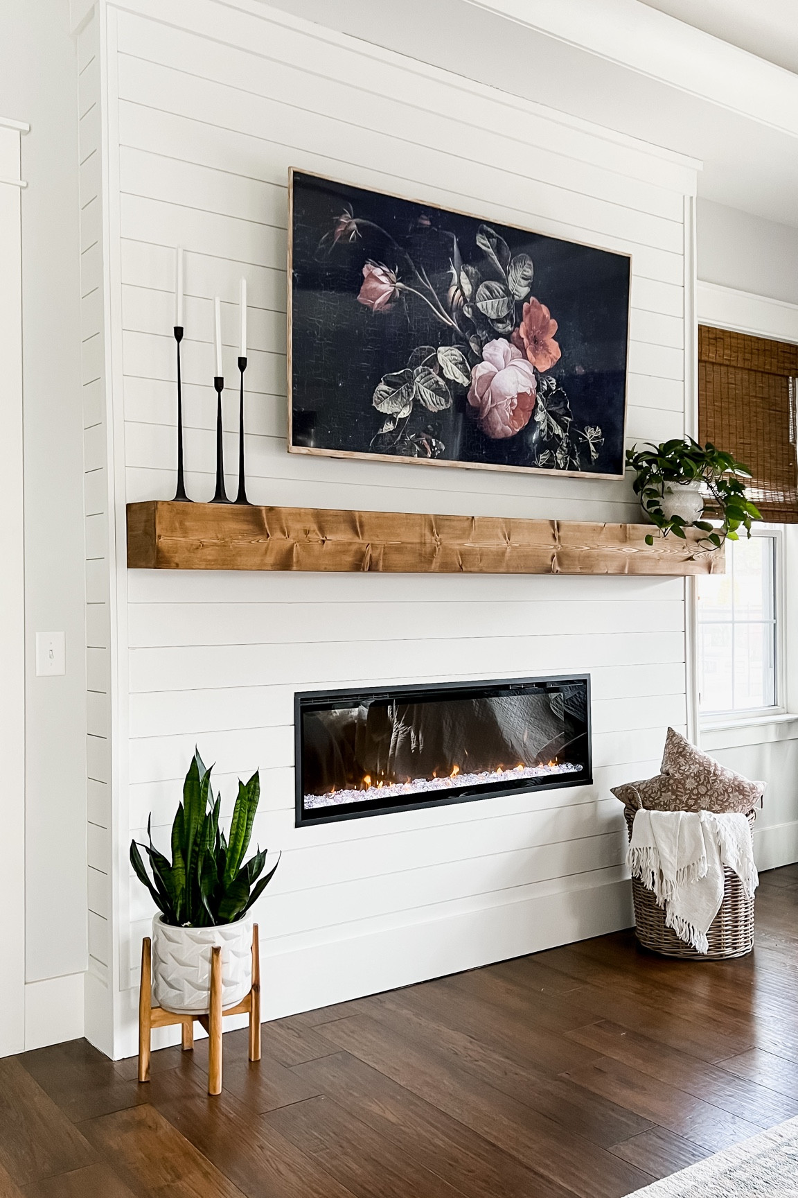 Bedroom Fireplace heater linear electric fireplace plant stand basket throw pillow candlesticks. Mantle mantel decor modern classic traditional home decor and design transitional design master primary bedroom 

Shades are Malay Umber