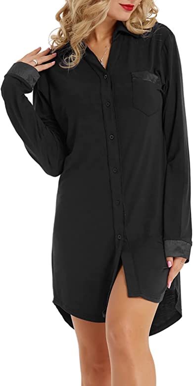 Zexxxy Women's Nightgowns Button Down Sleep Shirts Boyfriend Soft Nightshirt Long Sleeve Pajama S-XX | Amazon (US)