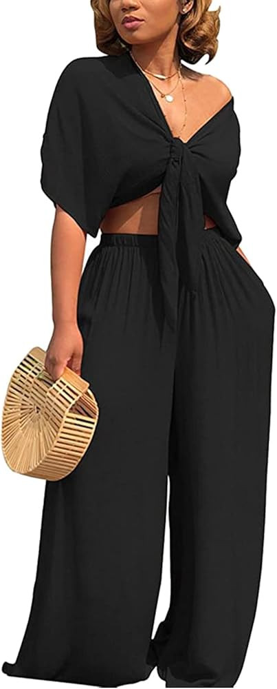 Hount Womens 2 Piece Outfits Deep V Neck Tied Front Crop Tops Wide Leg Pant Sets Jumpsuit Rompers... | Amazon (US)
