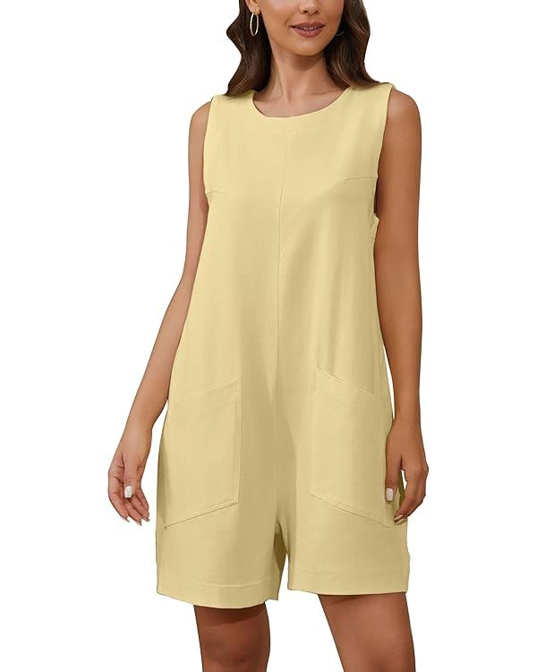 Women Sleeveless Crew Neck Solid Loose Rompers Keyhole Back Plain Wide Leg Shorts Casual Overalls... | Amazon (US)