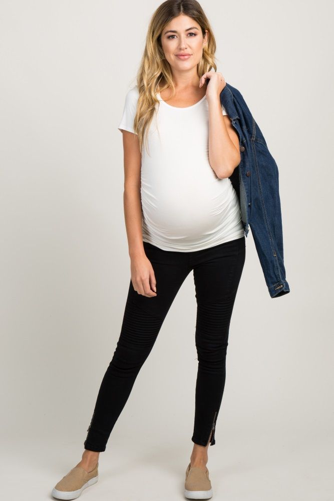 Black Moto Side Zipper Maternity Denim Jeans | PinkBlush Maternity