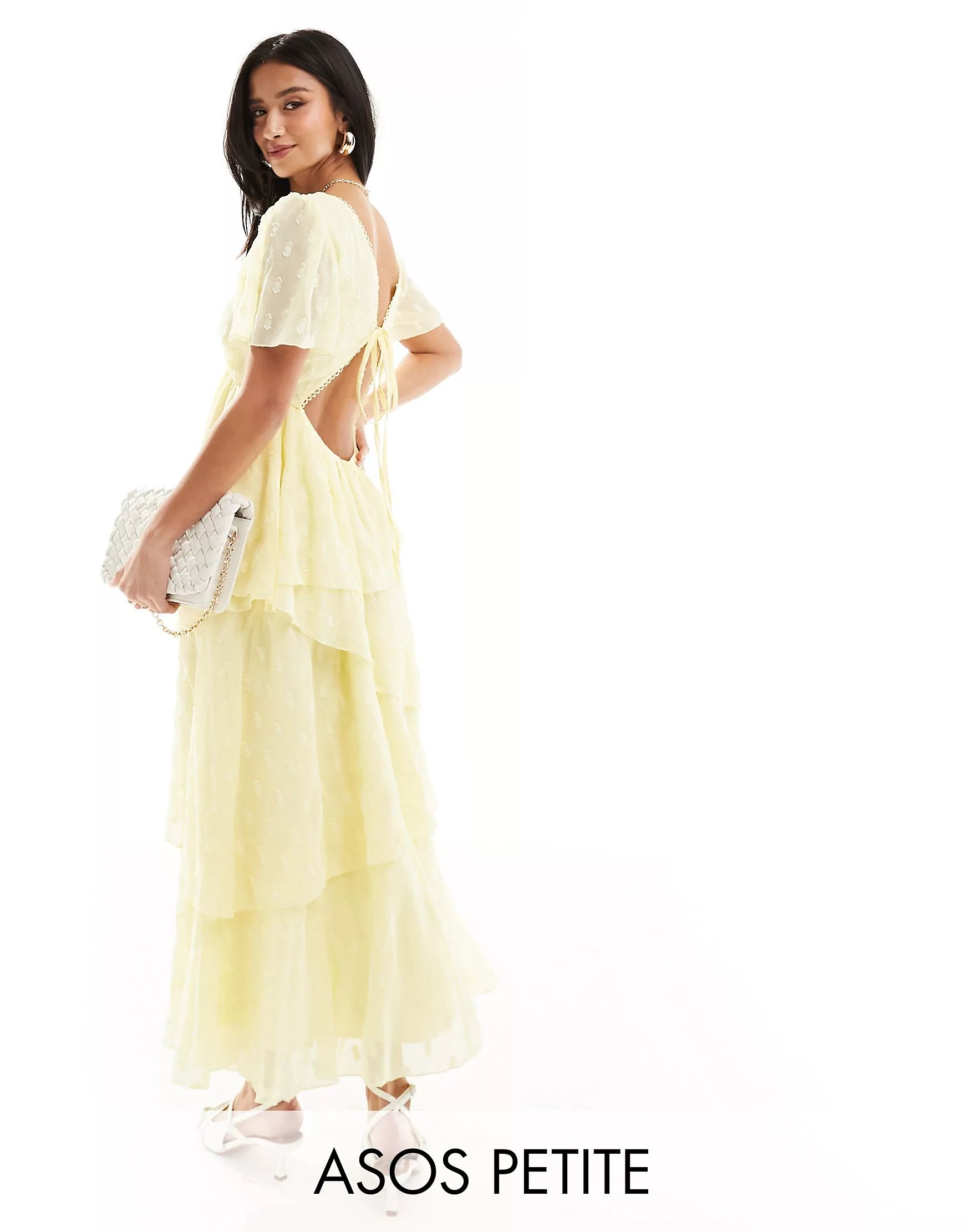 ASOS DESIGN Petite dobby asymmetric ruffle midi dress with tie back neck in yellow | ASOS | ASOS (Global)