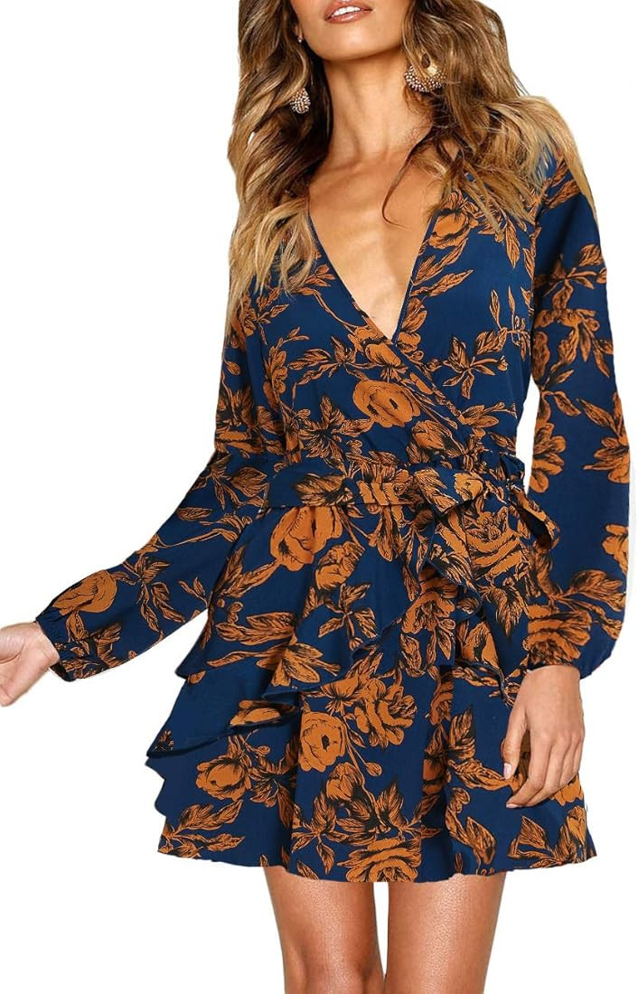 Women Long Sleeve V Neck Dress, Floral Mini Cocktail Party Wedding Guest Dress with Belt | Amazon (US)
