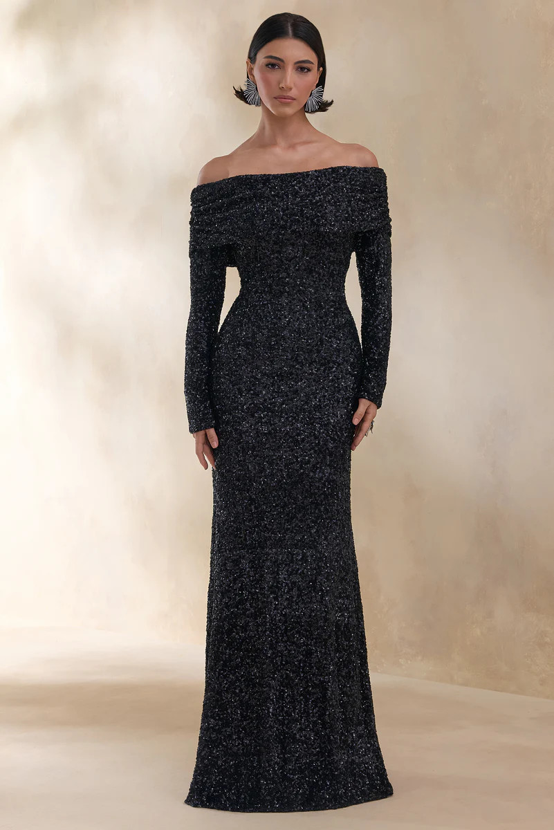 Obsession  Black Sequin Bardot-Neck Maxi Dress With Long Sleeves | Club L London