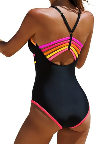 popvil Women One Piece Swimsuit 2026 Sexy Neon Color Block Bathing Suit for Women Back Strappy Low Back Slimming Swimwear, Black1, Small | Amazon (US)