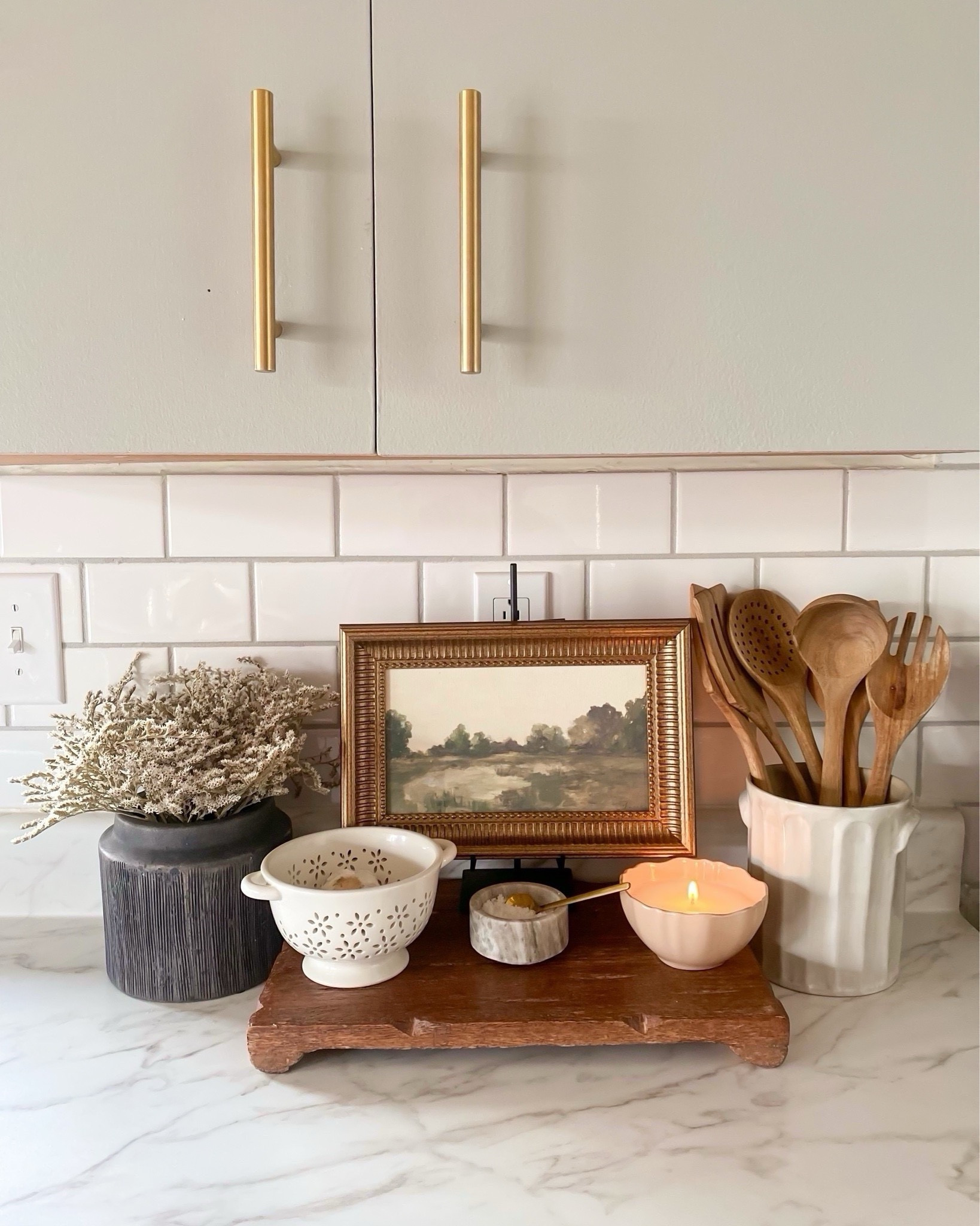 Kitchen countertop styling idea 🤎 Alexander vase, wooden tray, kitchen counter l, wooden spoons, easel, landscape art, salt and pepper, utensils holder, McGee & co , hearth and hand fall 



#LTKHome #LTKSeasonal #LTKSaleAlert