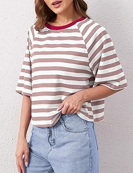 Women Oversized Striped Color Block T-Shirts Crew Neck Basic Crop Cotton Short Sleeve Casual Loos... | Amazon (US)