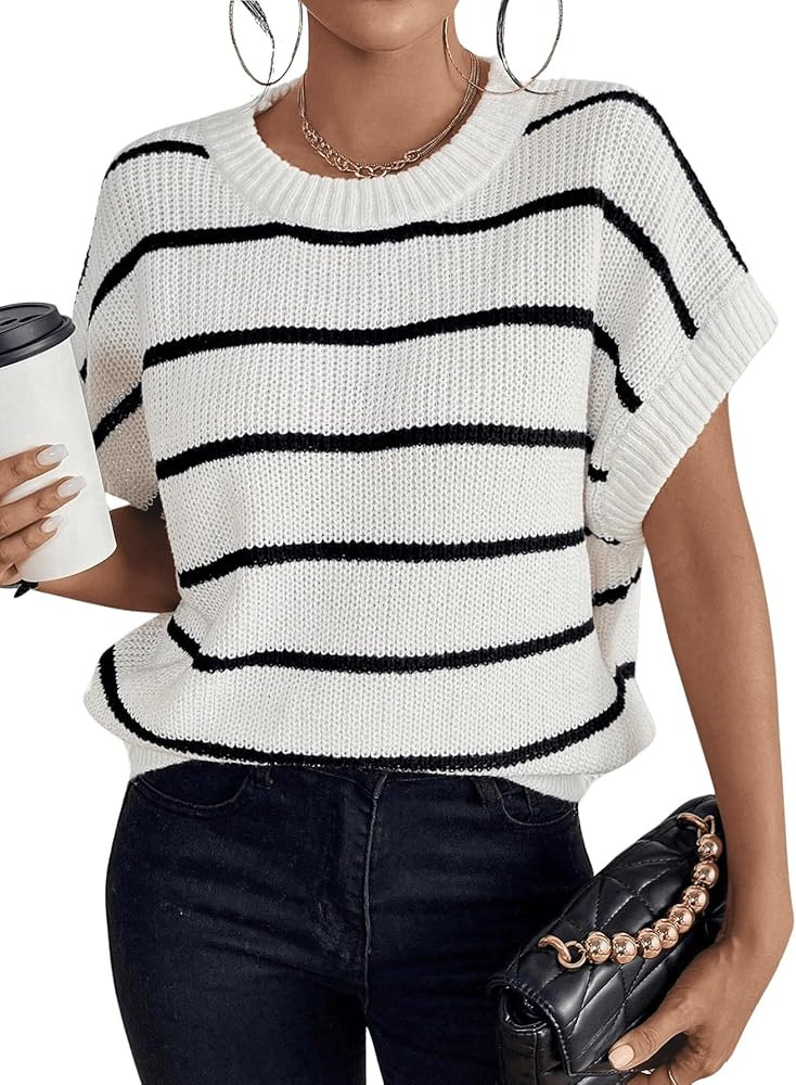 GORGLITTER Women's Striped Sweater Vest Short Cap Sleeve Crew Neck Fall Trendy 2025 Knit Vest Top | Amazon (US)