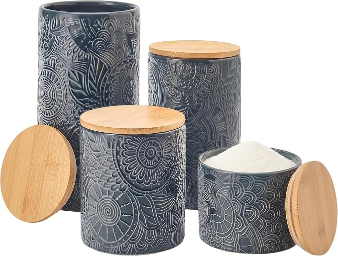 American Atelier Embossed Canister 4-Piece Ceramic Set Jar Container with Wooden Lids for Cookies... | Amazon (US)