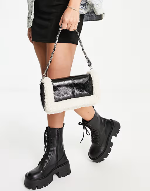 Topshop sami faux fur borg mix shoulder bag with chain detail in black | ASOS (Global)