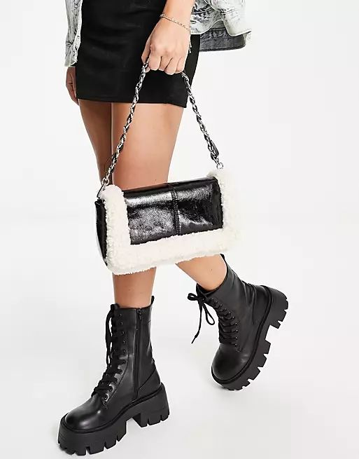 Topshop sami faux fur borg mix shoulder bag with chain detail in black | ASOS (Global)