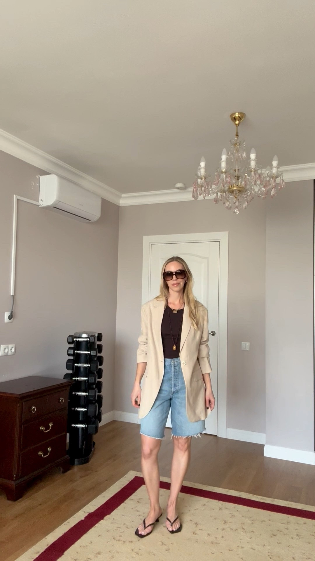 Business casual summer outfit, linen blazer, denim bermuda shorts, kitten heel thong sandals, beaded necklace, summer date night

#LTKgrwm #LTKOver40 #LTKSeasonal
