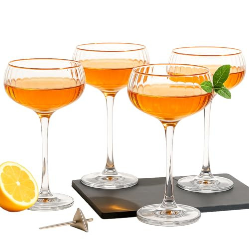 Khen Vintage Coupe Glasses Set of 4 -Premium Hand Blown Gold Rim Martini Glasses - Perfect for Cocktail, Martini and Champagne for Your Next Cocktail & Champagne Party - 9fl oz Gilded Glasses | Amazon (US)