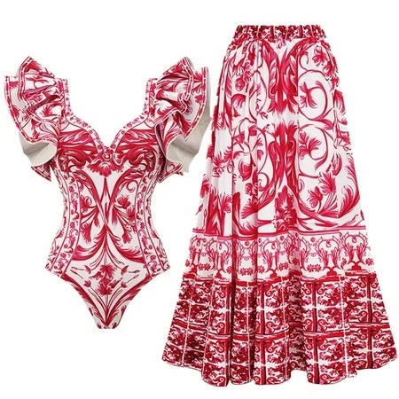 Flaxmaker Women One Piece Baroco Style Printed Double ruffles Padded Swimsuit and Skirt Two Piece Bathing Suit Swimwear | Walmart (US)