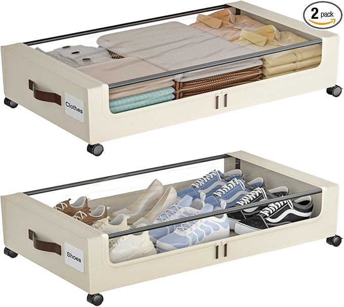Under Bed Storage with Wheels,XXL 60L Under Bed Storage Containers with Clear Lids, Rolling Under... | Amazon (US)