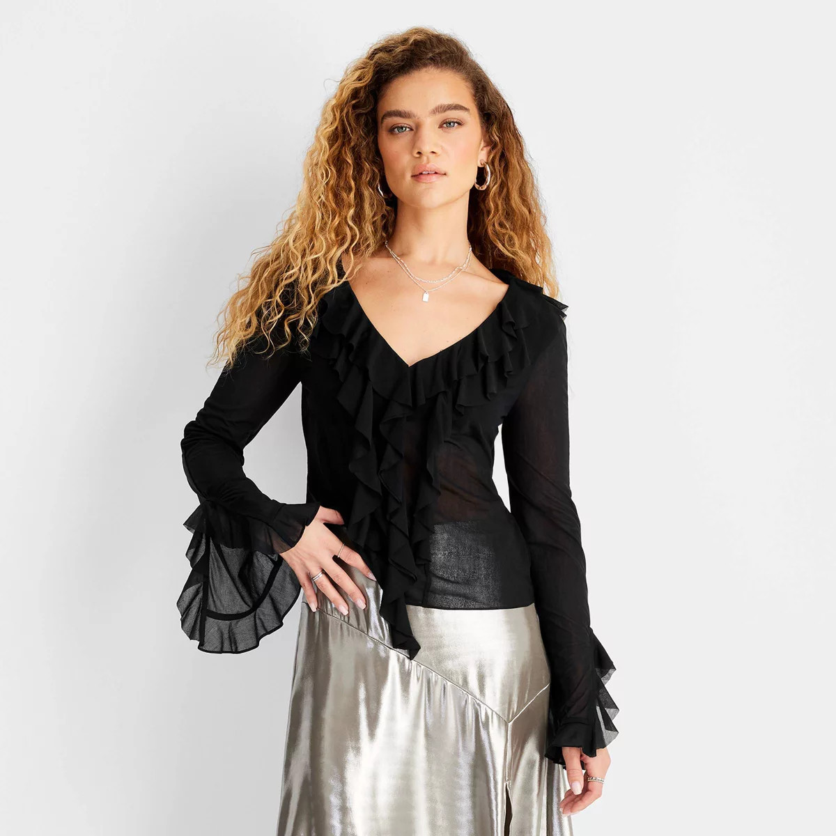 Women's Ruffle Long Sleeve V-Neck Blouse - Future Collective Burgundy M | Target