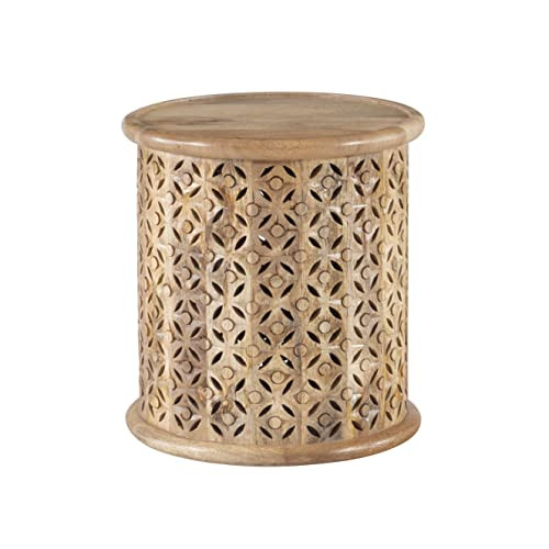 Powell Sympico Natural Stained Mnago Wood Side Table Sympic Round Carved Details | Amazon (US)