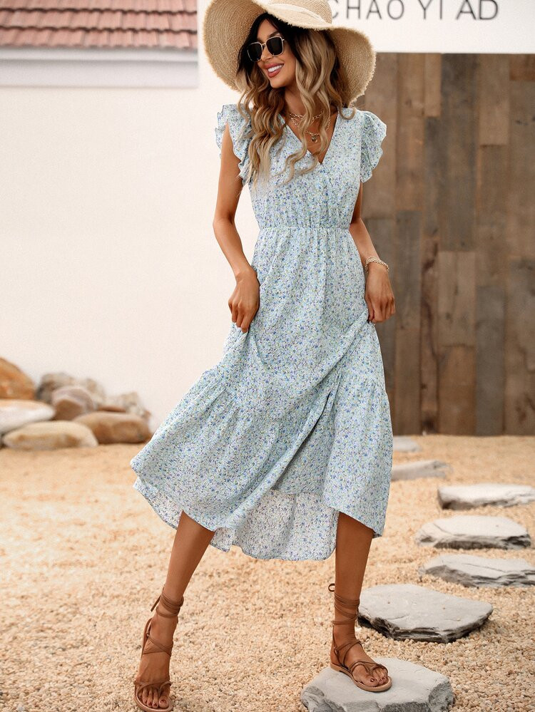 New
     
      Ditsy Floral Butterfly Sleeve Ruffle Hem Dress | SHEIN