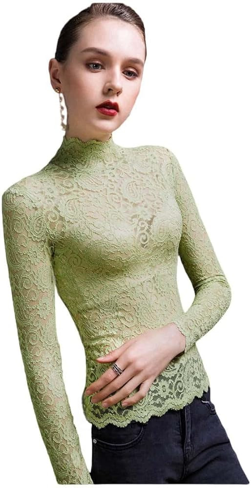 Women's Sexy Slim Fitting Long Sleeved Turtleneck Pullover Bottom Shirt Mesh Lace Perspectives T-... | Amazon (US)