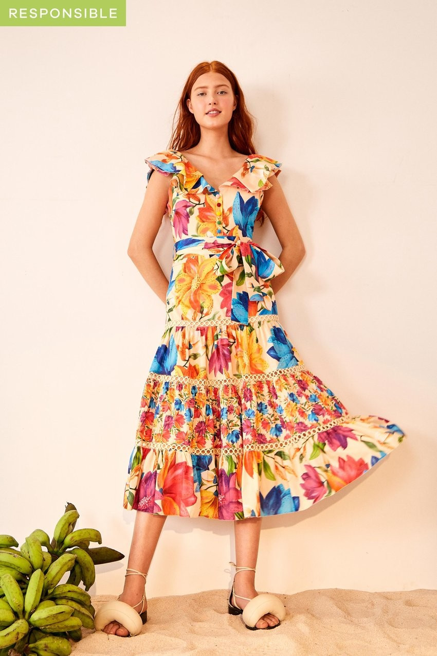 marys garden frilled top midi dress | FarmRio (US)