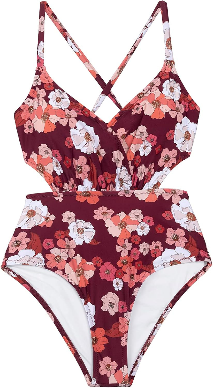 CUPSHE Women's One Piece Floral Swimsuit V-Neck Lace-Up Bathing Suit | Amazon (US)