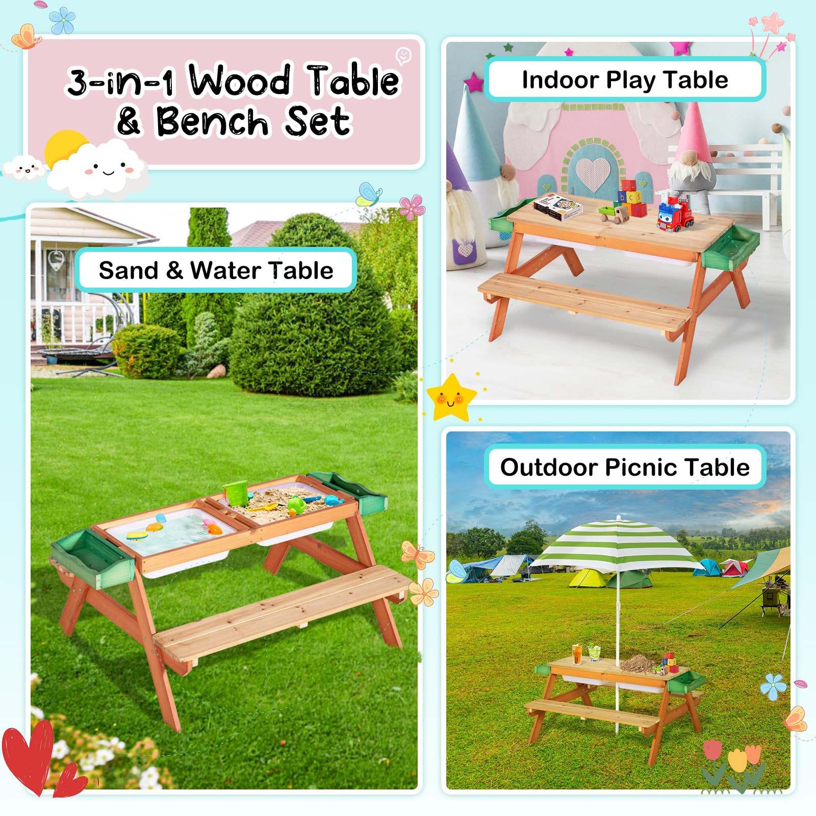 Kids Picnic Table, Outdoor Wooden Table w/Adjustable Umbrella & Garden Bed, 4-in-1 Sand & Water A... | Amazon (US)