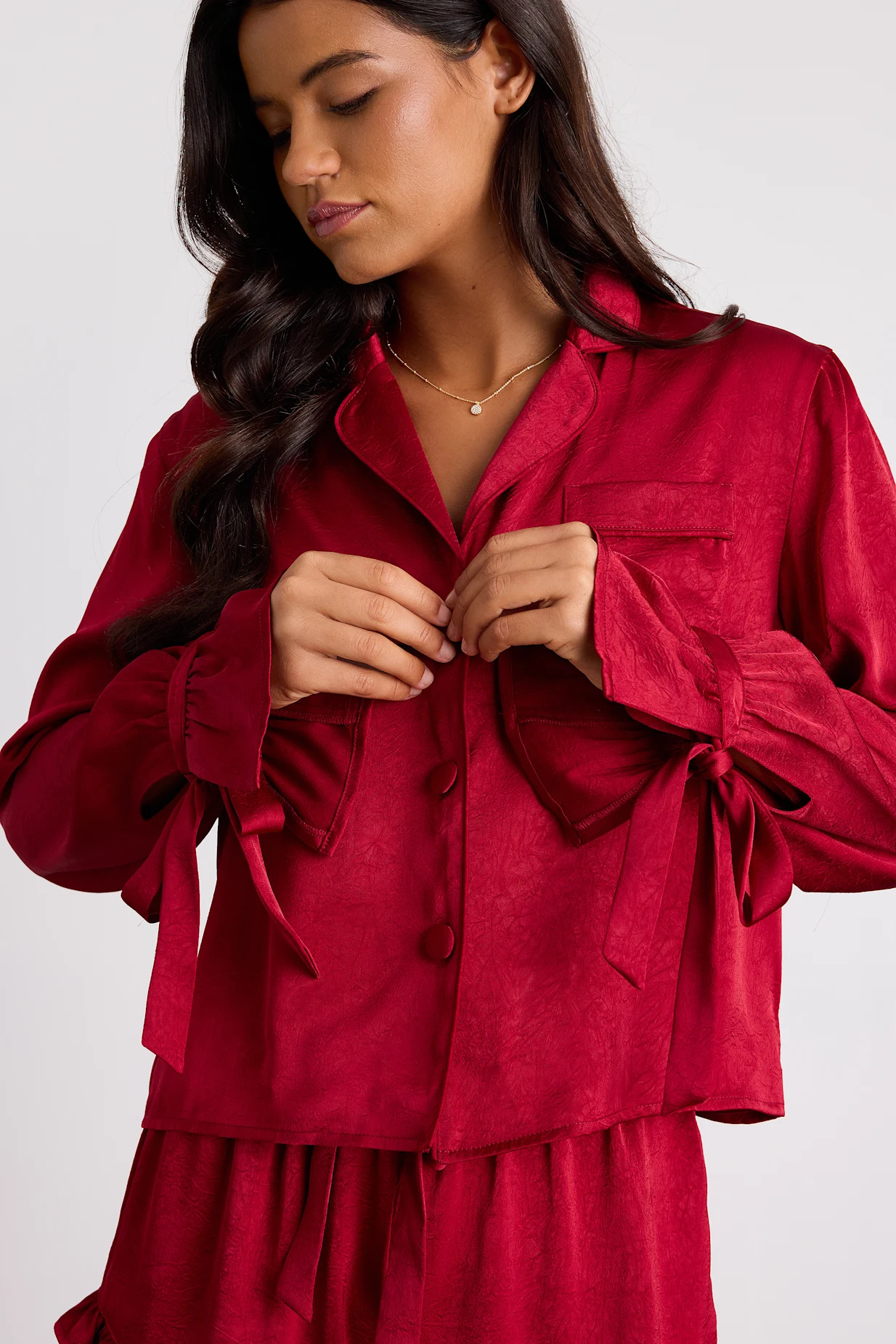 Kelda Dark Red Satin Ruffled Two-Piece Pajama Set | Lulus
