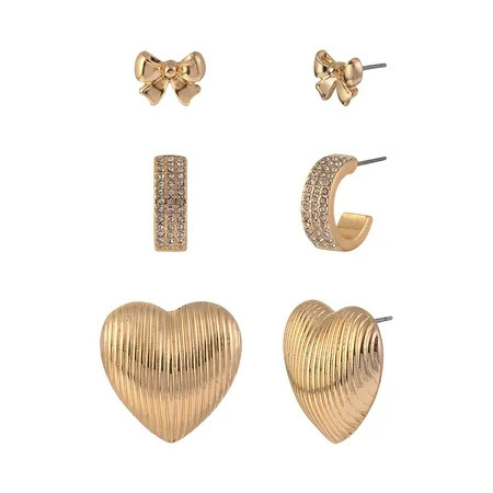 Time and Tru Women's Metal Bow Textured Heart Cry Pave Goldtone Hoop 3pc Multi Earring Set | Walmart (US)