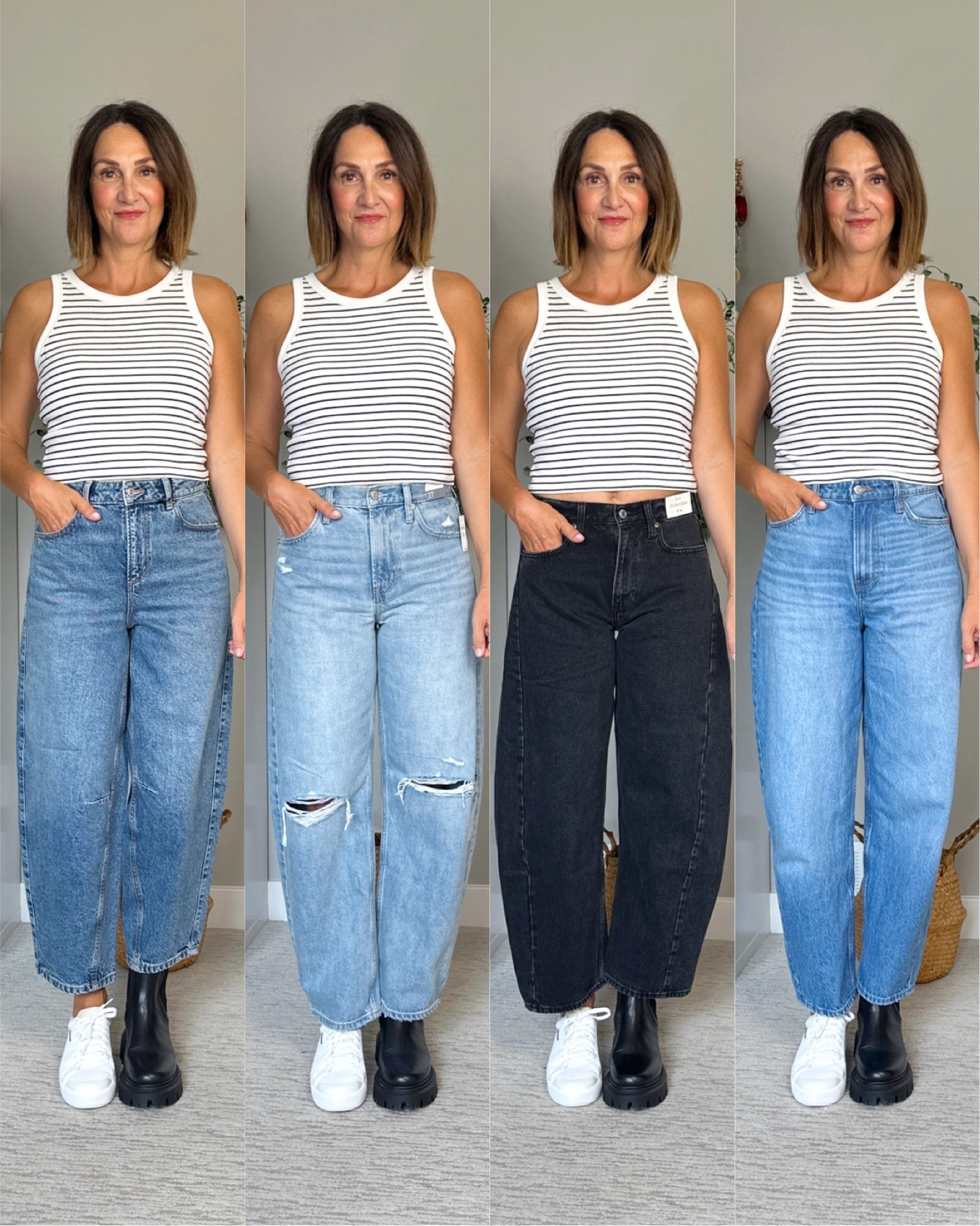 Barrel style jeans! I’m 5’ 7” size 4ish:
1. Dynamite size 27
2. Gap size 27 regular
3. Abercrombie size 27 regular
4. H&M size 4 
All are 100% cotton
Also linked a pair that are “tapered wide leg” that are similar in shape to the H&M pair plus a few other barrel legs to consider 

Also linked my shoes (super comfy, fit tts) and boots (from last year but you’ll see similar options suggested when you click the boots and then scroll down)


#LTKStyleTip #LTKSeasonal #LTKOver40