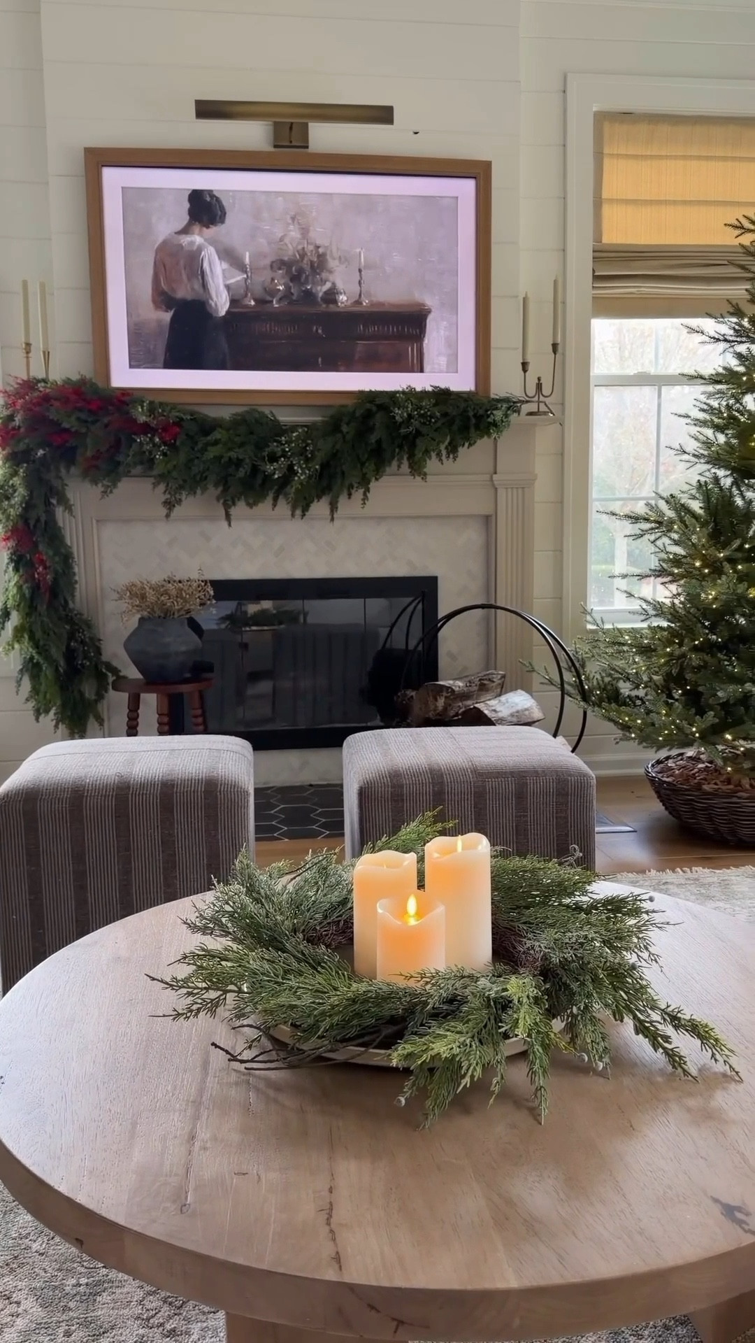 Easy holiday coffee table styling idea: take a gold tray, a wreath, and add a set of flameless candles. I have a 15 inch tray (Amazon), a 20 inch wreath (old, from Walmart), and 3 pillar candles. Linking exact and similar options because you might want different proportions depending on your table! 

#LTKHoliday #LTKFindsUnder100 #LTKHome