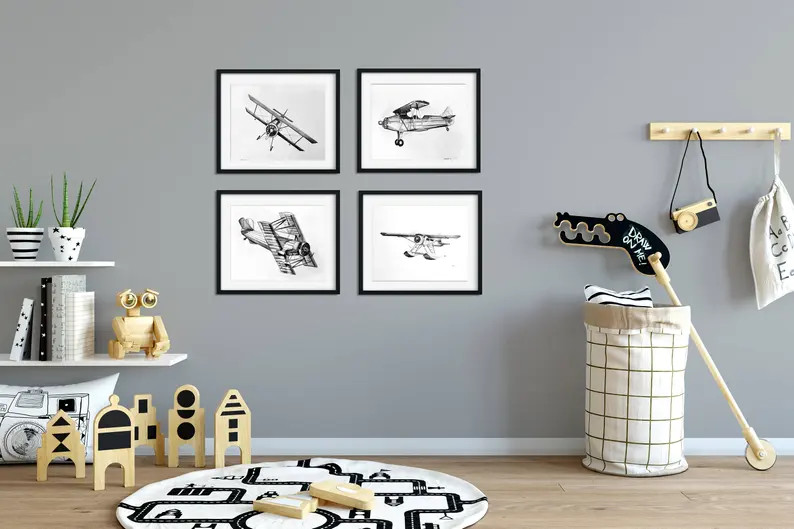 Airplane Nursery Art Set of 4, Boy Nursery Decor, Boys Nursery Art, Airplane Decor, Pilot Gift, V... | Etsy (US)