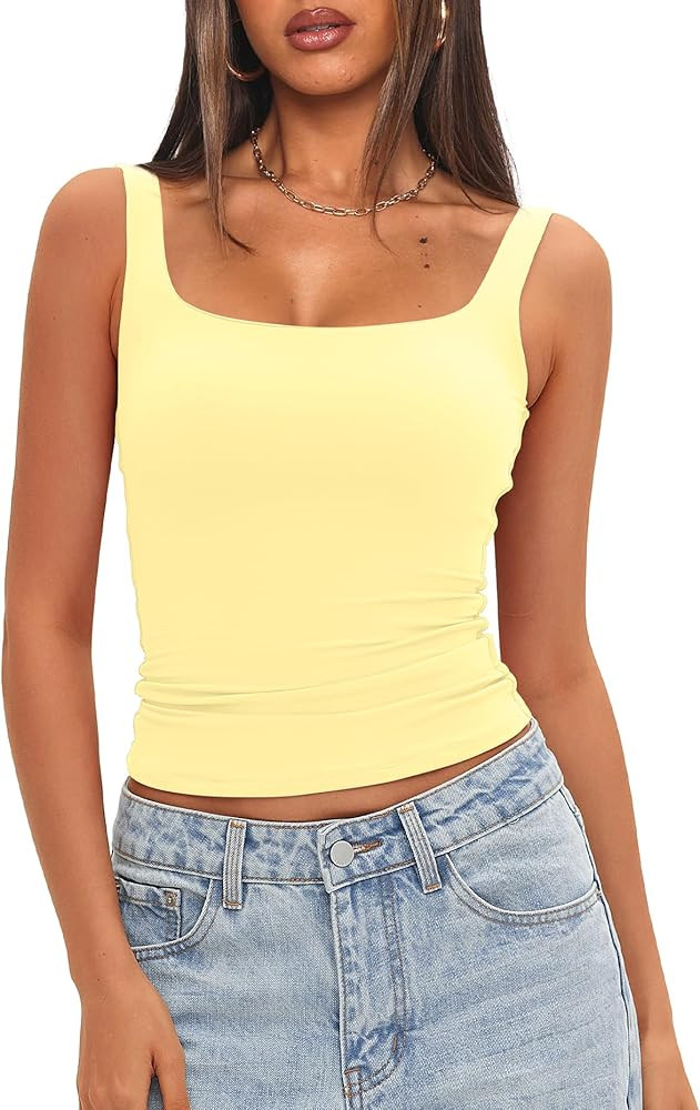 Darong Women's Padded Square Neck Tank Tops Summer Double Layer Basic Sleeveless Tank Shirts Buil... | Amazon (US)